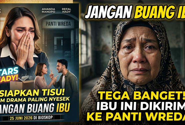 Split Indonesian movie poster: left shows a sad woman covering her face with a couple arguing and the title 'Jangan Buang Ibu' with release info; right shows a crying elderly woman in a patterned hijab with bold headlines about sending her to a nursing home.