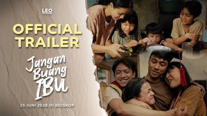 3714 | Map Bussid Terbaru Movie poster for 'Jangan Buang Ibu' featuring a collage of a family hugging, with 'Official Trailer' text on the left and release date below.