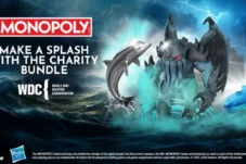 Monopoly charity bundle ad with a dark ocean backdrop, a glowing sea monster, a shark-like figure, and a blue sea serpent rising from waves. Logos for Monopoly and charity shown.