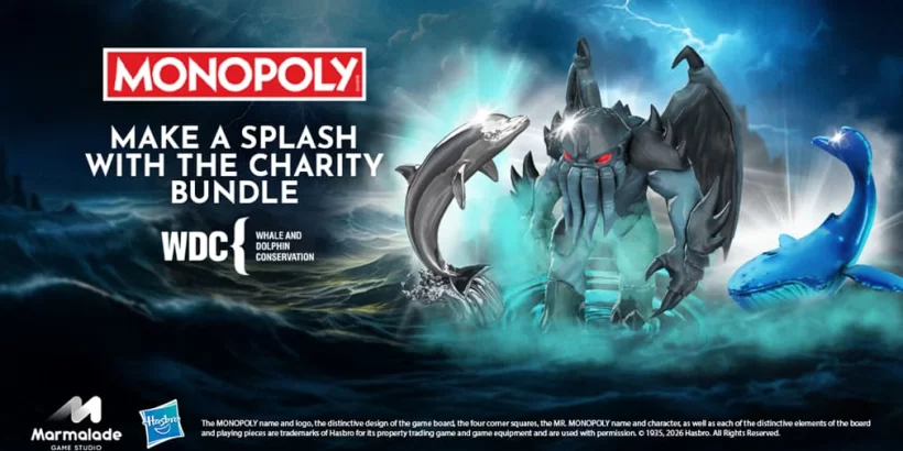 3965 | Map Bussid Terbaru Monopoly charity bundle ad with a dark ocean backdrop, a glowing sea monster, a shark-like figure, and a blue sea serpent rising from waves. Logos for Monopoly and charity shown.