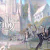 Fantasy illustration of five female warriors in a gothic cathedral courtyard, with a white bird and the 'Allfiring' logo across the scene.