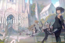 Fantasy illustration of five female warriors in a gothic cathedral courtyard, with a white bird and the 'Allfiring' logo across the scene.