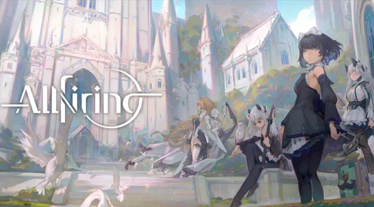 Fantasy illustration of five female warriors in a gothic cathedral courtyard, with a white bird and the 'Allfiring' logo across the scene.