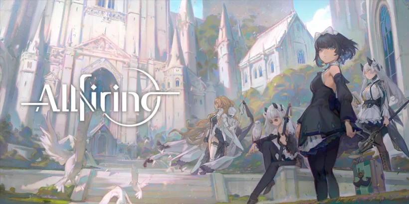 Fantasy illustration of five female warriors in a gothic cathedral courtyard, with a white bird and the 'Allfiring' logo across the scene.