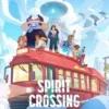 Colorful fantasy poster of a red tram in the clouds, with diverse characters on top, against a futuristic icy cityscape; text reads 'Spirit Crossing'.
