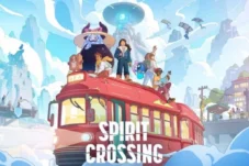 Colorful fantasy poster of a red tram in the clouds, with diverse characters on top, against a futuristic icy cityscape; text reads 'Spirit Crossing'.