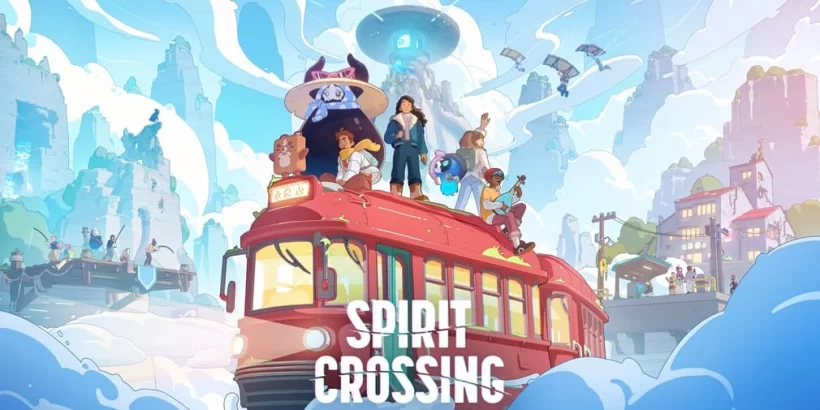 Colorful fantasy poster of a red tram in the clouds, with diverse characters on top, against a futuristic icy cityscape; text reads 'Spirit Crossing'.