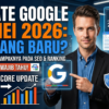 Man in a suit pointing at a glowing Google G icon with charts and banners about a 2026 Core Update and E‑A‑T shield in the background.