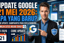 Man in a suit pointing at a glowing Google G icon with charts and banners about a 2026 Core Update and E‑A‑T shield in the background.