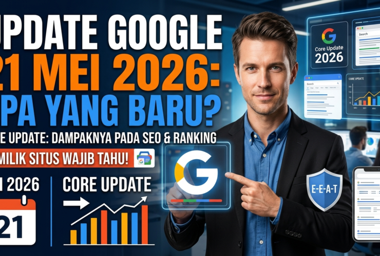 Man in a suit pointing at a glowing Google G icon with charts and banners about a 2026 Core Update and E‑A‑T shield in the background.