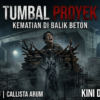 Dark movie poster: a man behind rubble reaches out as a ghostly hand rises from dust at a construction site; bold Indonesian title 'TUMBAL PROYEK'.