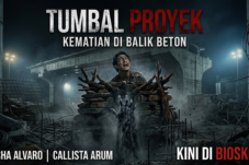 Dark movie poster: a man behind rubble reaches out as a ghostly hand rises from dust at a construction site; bold Indonesian title 'TUMBAL PROYEK'.