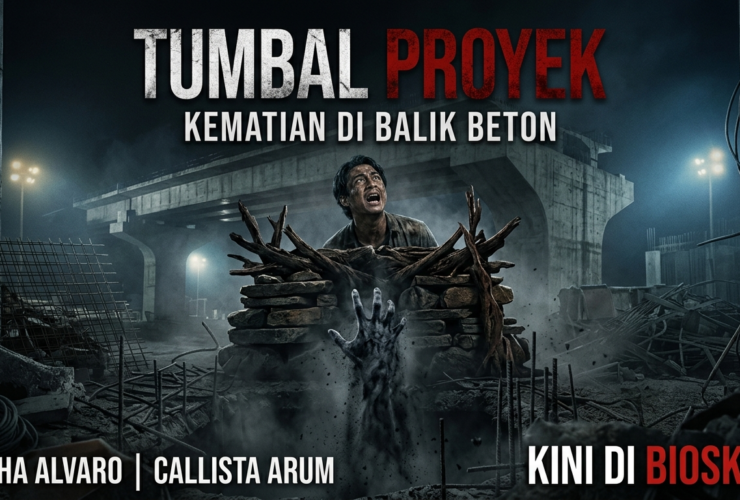 Dark movie poster: a man behind rubble reaches out as a ghostly hand rises from dust at a construction site; bold Indonesian title 'TUMBAL PROYEK'.