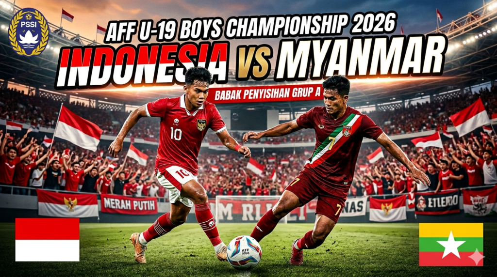 4443 | Map Bussid Terbaru Promotional poster for AFF U-19 Championship 2026: Indonesia vs Myanmar, two red-clad players contesting a ball in a packed stadium with flags.