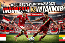 Promotional poster for AFF U-19 Championship 2026: Indonesia vs Myanmar, two red-clad players contesting a ball in a packed stadium with flags.