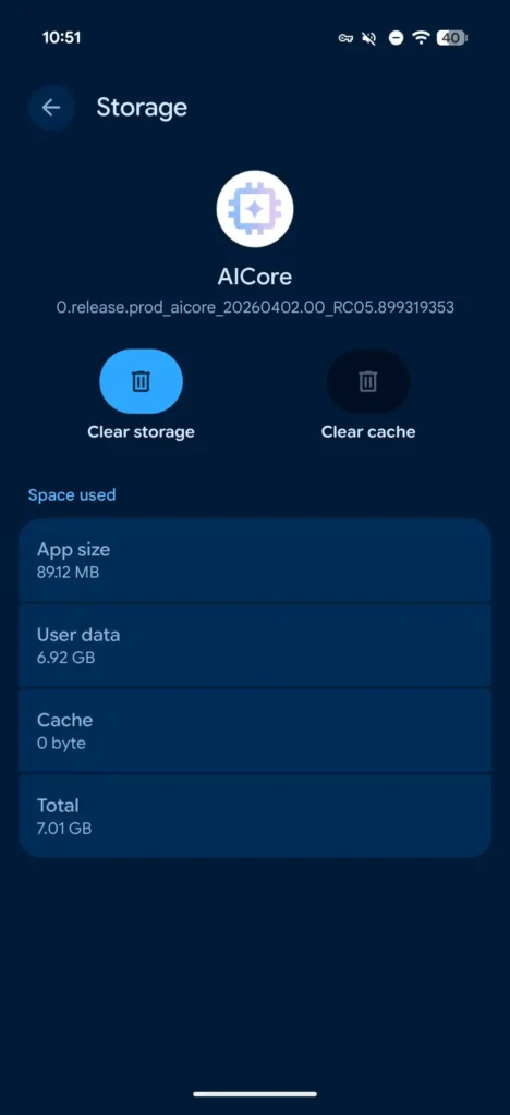 Storage settings screen with AI Core logo, title ‘Storage’, back arrow, and two actions: Clear storage (active) and Clear cache (inactive).