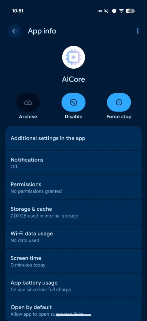AI Core app info screen with options Archive, Disable, Force stop and storage usage details