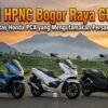 Banner promoting HPNC Bogor Raya Chapter, a Honda PCX riders community; three scooters on a road at sunset with mountains in the background.