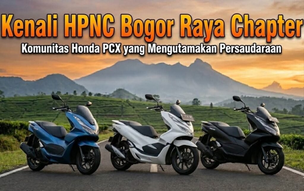 Banner promoting HPNC Bogor Raya Chapter, a Honda PCX riders community; three scooters on a road at sunset with mountains in the background.