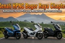 Banner promoting HPNC Bogor Raya Chapter, a Honda PCX riders community; three scooters on a road at sunset with mountains in the background.