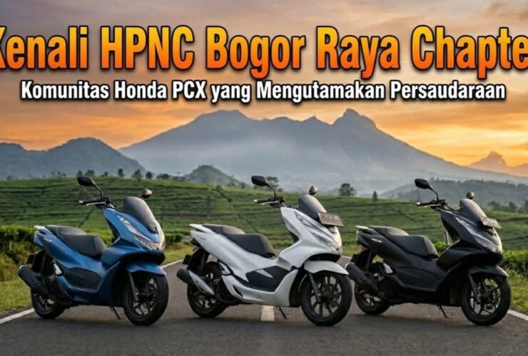 Banner promoting HPNC Bogor Raya Chapter, a Honda PCX riders community; three scooters on a road at sunset with mountains in the background.