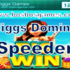 Promotional banner for Higgs Domino Speeder WIN from bosbosgames.com with tropical beach background and game logo text.