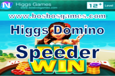 Promotional banner for Higgs Domino Speeder WIN from bosbosgames.com with tropical beach background and game logo text.