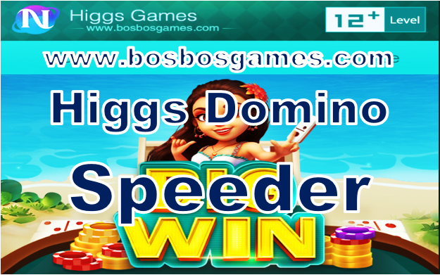 Promotional banner for Higgs Domino Speeder WIN from bosbosgames.com with tropical beach background and game logo text.