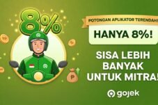 GoJek promo banner with a green-clad rider, large 8% text, coins and money bag on a green background and the GoJek logo (informational ad).