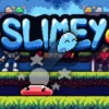 Retro pixel-art game banner: title 'Go Slimey Go!' with a blue slime mascot and platformer arena featuring grassy platforms and lava-like background.