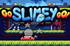 Retro pixel-art game banner: title 'Go Slimey Go!' with a blue slime mascot and platformer arena featuring grassy platforms and lava-like background.