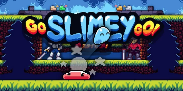 Retro pixel-art game banner: title 'Go Slimey Go!' with a blue slime mascot and platformer arena featuring grassy platforms and lava-like background.