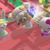 Three cartoon animals on a pink wooden stage: a bunny in a floral hat, a fluffy dog with a glowing purple rose, and a bow-tied cat, with potted plants around.