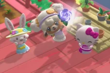 Three cartoon animals on a pink wooden stage: a bunny in a floral hat, a fluffy dog with a glowing purple rose, and a bow-tied cat, with potted plants around.
