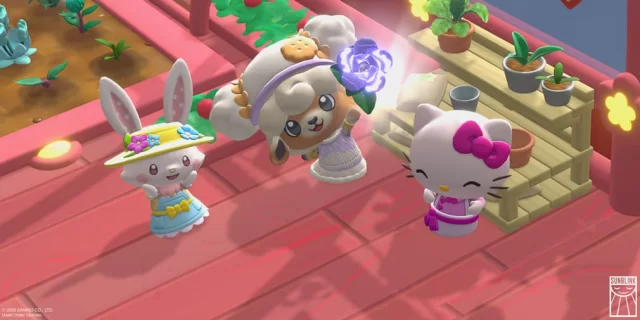 Three cartoon animals on a pink wooden stage: a bunny in a floral hat, a fluffy dog with a glowing purple rose, and a bow-tied cat, with potted plants around.