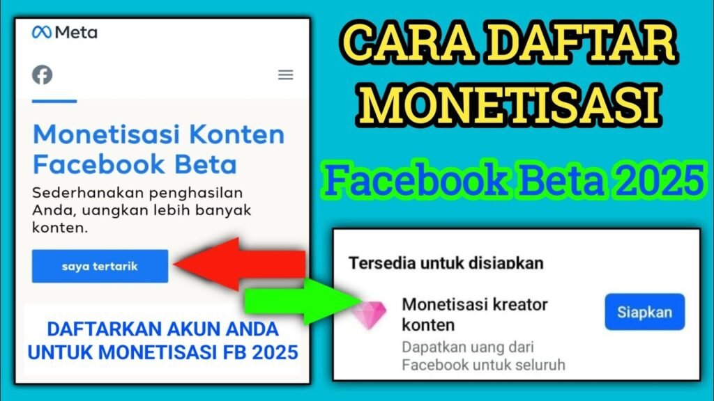 Thumbnail showing a Facebook/Meta monetization promo with blue'saya tertarik' button and red/green arrows pointing to actions for 2025 monetization.