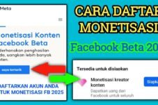 Thumbnail showing a Facebook/Meta monetization promo with blue 'saya tertarik' button and red/green arrows pointing to actions for 2025 monetization.
