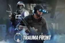 Two tactical operators with rifles in a blue smoky setting; Operation Trauma Front logo in the foreground (Rainbow Six Siege).