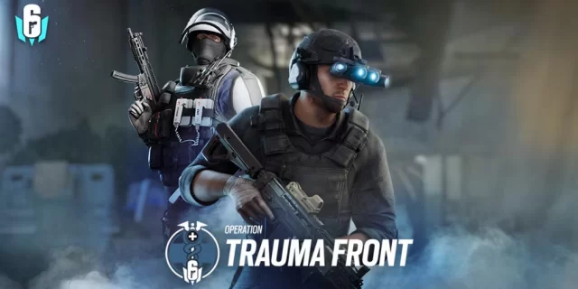 Two tactical operators with rifles in a blue smoky setting; Operation Trauma Front logo in the foreground (Rainbow Six Siege).