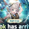 Promo art for Seven Knights: Rebirth featuring Night Crow summoning magic in a forest, with a 'Night Crow' badge and the text '0'Mok has arrived!'