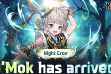 Promo art for Seven Knights: Rebirth featuring Night Crow summoning magic in a forest, with a 'Night Crow' badge and the text '0'Mok has arrived!'