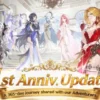 Seven Knights Re:Birth banner with many colorful characters in a grand hall, announcing the 1st Anniversary Update.