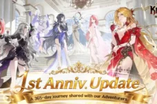 Seven Knights Re:Birth banner with many colorful characters in a grand hall, announcing the 1st Anniversary Update.