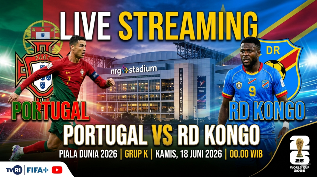 Promotional banner for Portugal vs RD Kongo World Cup 2026 with Ronaldo on the left and a Kongo player on the right in front of a stadium, text says LIVE STREAMING and Portugal vs RD Kongo.