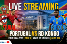 Promotional banner for Portugal vs RD Kongo World Cup 2026 with Ronaldo on the left and a Kongo player on the right in front of a stadium, text says LIVE STREAMING and Portugal vs RD Kongo.