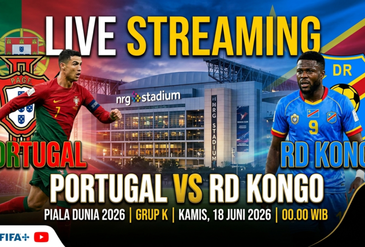 Promotional banner for Portugal vs RD Kongo World Cup 2026 with Ronaldo on the left and a Kongo player on the right in front of a stadium, text says LIVE STREAMING and Portugal vs RD Kongo.