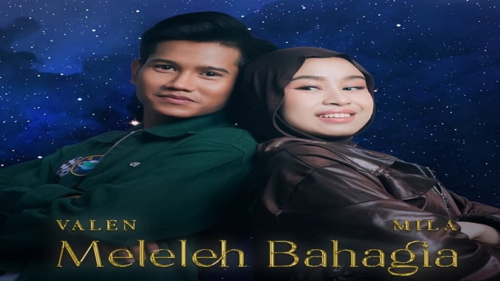 Poster of Valen and Mila back-to-back, smiling against a starry blue backdrop with the title Meleleh Bahagia in gold at the bottom