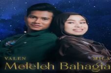 Poster of Valen and Mila back-to-back, smiling against a starry blue backdrop with the title Meleleh Bahagia in gold at the bottom