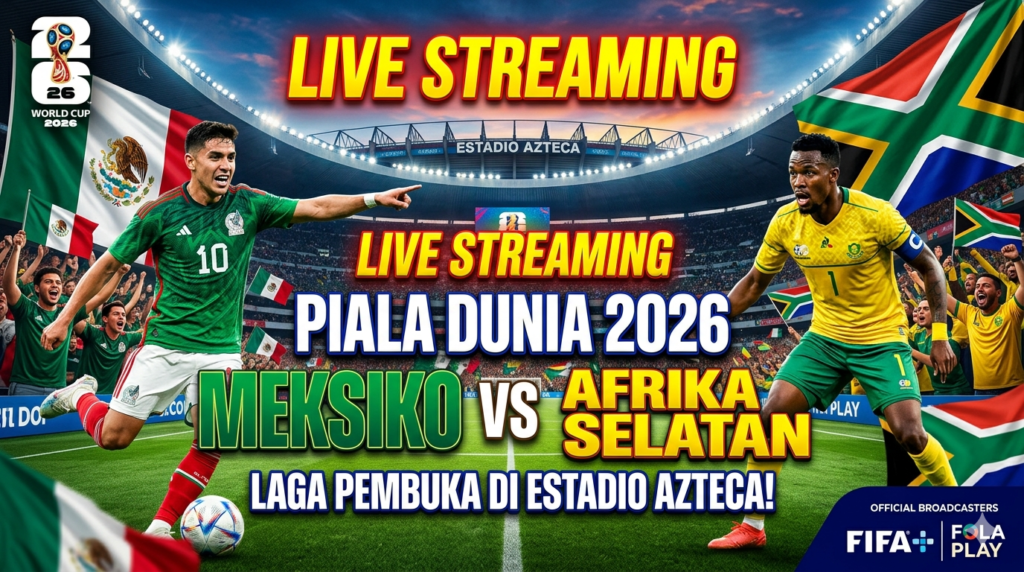 Live streaming promo for Mexico vs. South Africa at World Cup 2026, Estadio Azteca, with players and national flags behind stadium lights.