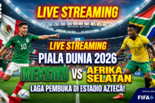 Live streaming promo for Mexico vs. South Africa at World Cup 2026, Estadio Azteca, with players and national flags behind stadium lights.